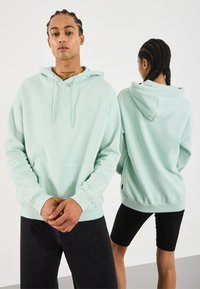 Minti zaļš hokijs ar kangaro soma, regulējamām auklām un ribotām piedurknēm. Gluda auduma, relaksēta piegriezuma, redzama no priekškara un aizmugures.