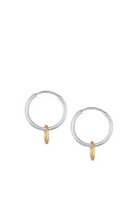 Des boucles d'oreilles en argent en forme de créole, dotées d'un petit anneau accent en or attaché à chacune. Design simple avec une texture lisse et une forme circulaire.