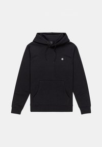 Sudadera negra con bolsillo canguro en la parte delantera, capucha con cordón y un pequeño logo en el pecho. Fabricada con una tela suave y de textura lisa.