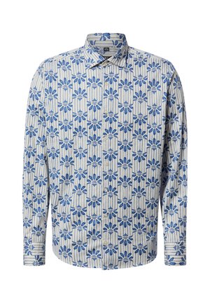 Koszula na guziki z długim rękawem, białe tło i pionowy, niebieski wzór kwiatowy na całej tkaninie.