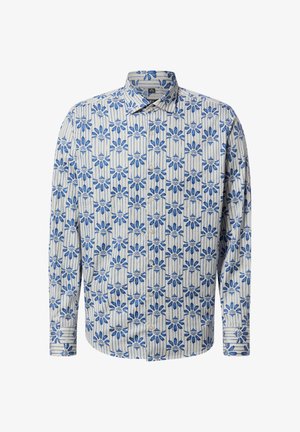 Koszula na guziki z długim rękawem, białe tło i pionowy, niebieski wzór kwiatowy na całej tkaninie.
