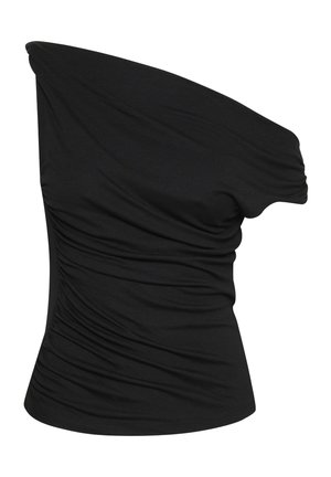 Black, one-shoulder top featuring soft, draped fabric with gathered details on the side, creating a fitted silhouette. Lightweight texture.