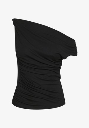 Black, one-shoulder top featuring soft, draped fabric with gathered details on the side, creating a fitted silhouette. Lightweight texture.