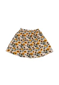 Floral skirt made of lightweight fabric, featuring a pattern of yellow sunflowers and brown centers on a cream background. Elastic waistband.