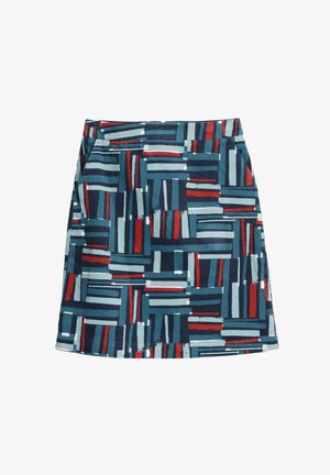 Gonna a motivi blu e rossi con forme rettangolari, tessuto testurizzato e design della vita piatta con tasche laterali.