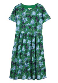 Robe florale à manches courtes, base verte, grand imprimé de fleurs bleues et noires, taille élastique, longueur genou, texture de tissu douce.