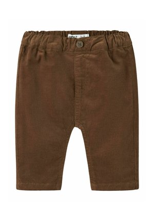 Pantalon en velours côtelé marron, avec une taille élastiquée, une fermeture à bouton et des jambes droites, sur fond blanc.