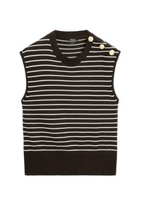 Maglione senza maniche a righe marrone e bianche con orlo a coste e tre bottoni dorati sul lato sinistro della spalla.