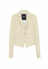 Blazer beige realizzato in tessuto liscio, con colletto a revers, chiusura con un solo bottone e due tasche frontali. Include dettagli con bottoni sulle maniche.