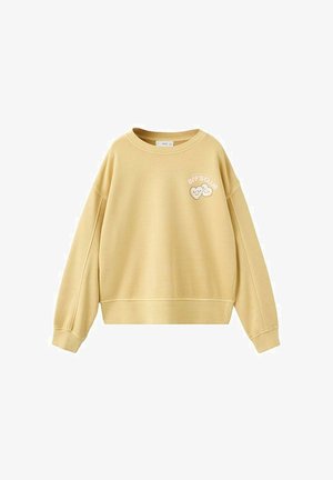 Sweat-shirt jaune avec col rond, épaules tombantes et ourlet côtelé. Présente le texte imprimé "BFF'S CLUB" et des graphiques de cœurs souriants.