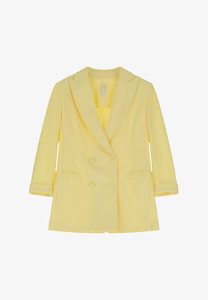 Blazer giallo doppiopetto con colletto a scollo, due tasche frontali e maniche arrotolate. Tessuto liscio, vestibilità sartoriale e design minimale.