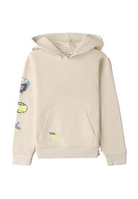 Felpa beige con tasca frontale, cappuccio con cordoncino e grafiche blu e verdi sulle maniche e nella parte bassa del davanti. Tessuto morbido.