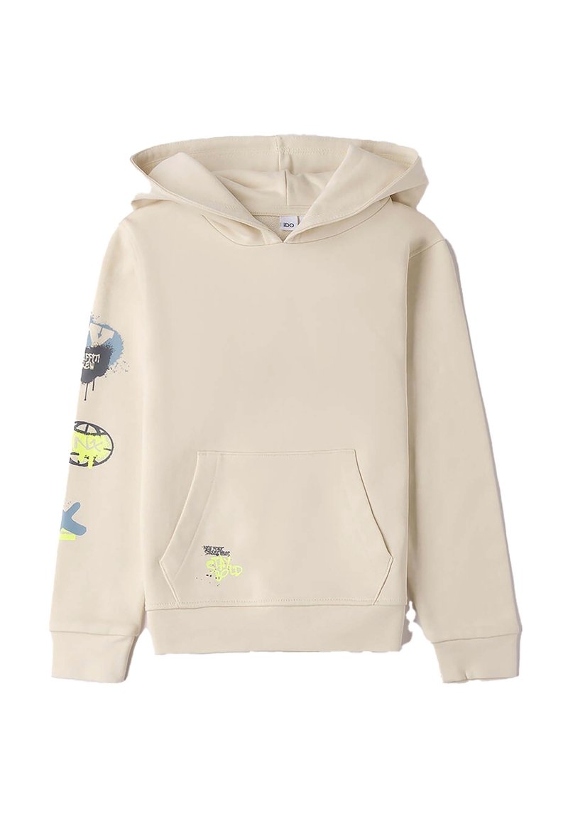 Felpa beige con tasca frontale, cappuccio con cordoncino e grafiche blu e verdi sulle maniche e nella parte bassa del davanti. Tessuto morbido.