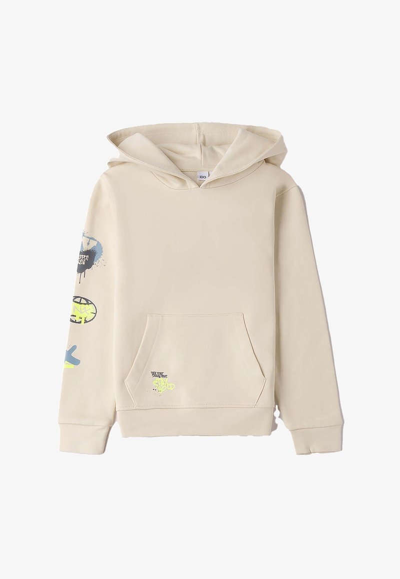 Felpa beige con tasca frontale, cappuccio con cordoncino e grafiche blu e verdi sulle maniche e nella parte bassa del davanti. Tessuto morbido.