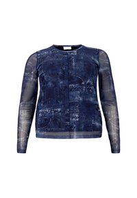 Marineblaue Langarmbluse aus weichem Stoff mit einem Denim-Muster. Durchsichtige Mesh-Ärmel und ein runder Halsausschnitt runden das Design ab.
