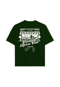 T-shirt noir avec un graphique blanc représentant une devanture de café, texte « Courtside Riviera Club » et un menu listant différentes options de café et de bagels.