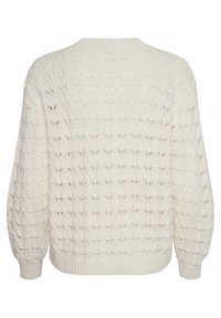 Pull en maille crème avec un motif texturé et des mailles ouvertes, manches larges et ourlet côtelé. La vue de dos montre une coupe ample et décontractée.