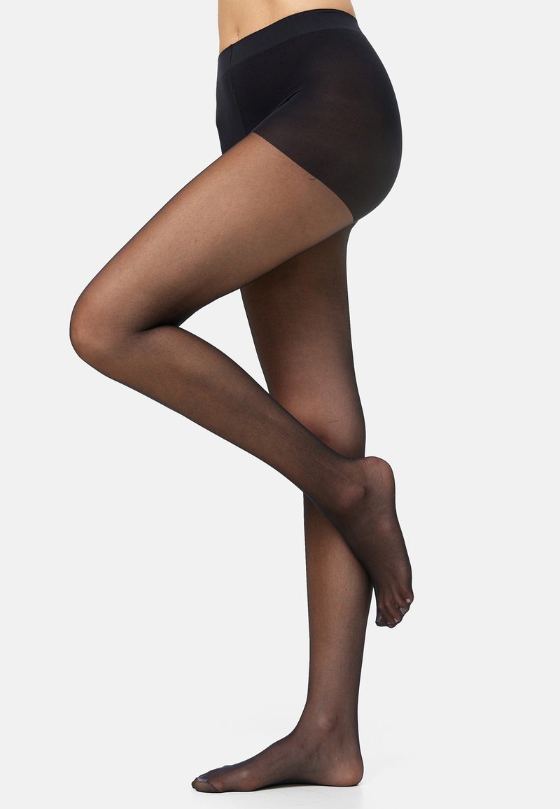 Schwarze transparente Strumpfhosen mit nahtlosem Design, versehen mit einem weichen, elastischen Taillenbund und einem etwas dunkleren Band oben.