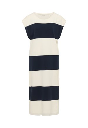 Abito a righe in bianco sporco e blu navy, realizzato in un tessuto testurizzato. Presenta una vestibilità ampia e maniche a cappuccio. Nessun hardware o accenti specifici.