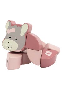 Colorful wooden stacking toy shaped like a cow, featuring a grey head with a pink bow, multiple pink geometric pieces, and floral patterns.