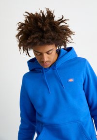 Sudadera de algodón azul con un bolsillo frontal, capucha con cordón y un pequeño parche de logo en el pecho. Textura suave y corte relajado.