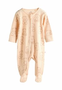 Light peach baby onesie with ribbed texture, featuring repeated teddy bear print, long sleeves, zipper front, and footed design.