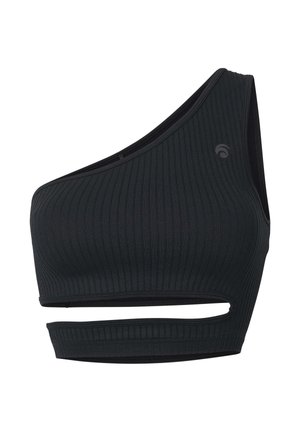 Schwarzes, geripptes Crop-Top mit einem Schulterfrei-Design, Ausschnitt-Detail am unteren Saum und kleinem Logo an der oberen Seite.