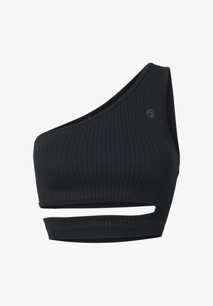 Schwarzes, geripptes Crop-Top mit einem Schulterfrei-Design, Ausschnitt-Detail am unteren Saum und kleinem Logo an der oberen Seite.