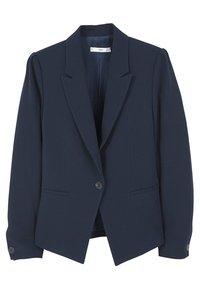 Blazer bleu marine en tissu lisse, doté d'une fermeture à un bouton, d'un col cranté et de deux poches avant avec un détail discret de boutons.