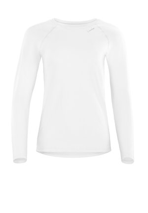 Wit shirt met lange mouwen en een ronde hals, gemaakt van zachte stof. Heeft raglanmouwen en een afgeronde zoom. Logo detail nabij de halslijn.