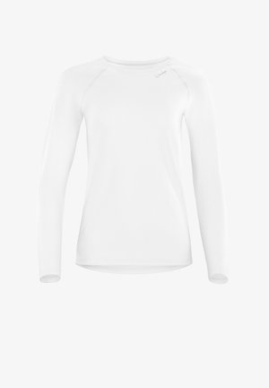 Ilgomis rankovėmis balta marškinėliai su apvaliu iškirpimu, pagaminti iš minkštos medžiagos. Yra raglano rankovės ir išlenktas apdailos kraštas. Logotipo detalė šalia iškirpimo.