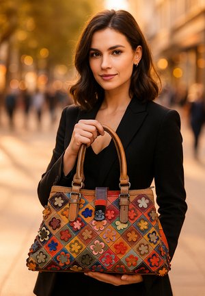 Mehrfarbige Handtasche aus strukturiertem Stoff mit Blumenmustern, zwei braunen Ledergriffen und einem sicheren Schnallenverschluss.