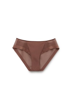 Brązowa damska bielizna w stylu bikini z przezroczystymi panelami bocznymi i pełnymi sekcjami z przodu i z tyłu, prezentowana na białym tle.