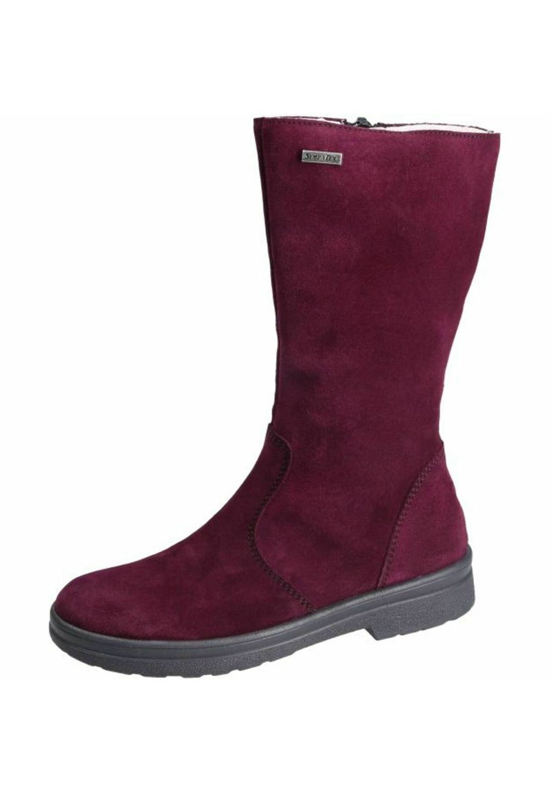 Hochwertiger, burgunderfarbener Wildleder-Winterstiefel mit schwarzem Gummisohle und seitlichem Reißverschluss, entworfen für Wärme und lässigen Tragekomfort.