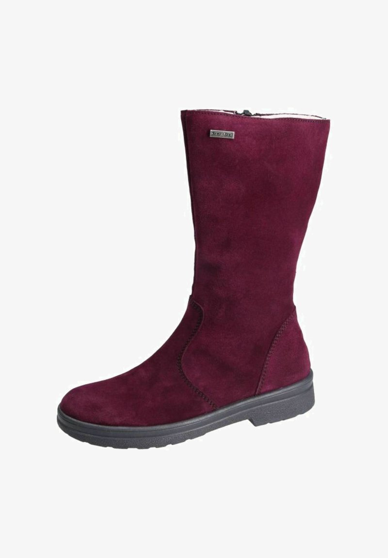 Hochwertiger, burgunderfarbener Wildleder-Winterstiefel mit schwarzem Gummisohle und seitlichem Reißverschluss, entworfen für Wärme und lässigen Tragekomfort.