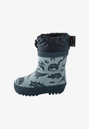 Vesimudilätkä vaaleanharmaana, jossa on mustia dinosauruskuvioita. Tikattu tummansininen kangasreuna, jossa säädettävä nyöri. Teksturoitu pohja pitävyyttä varten.