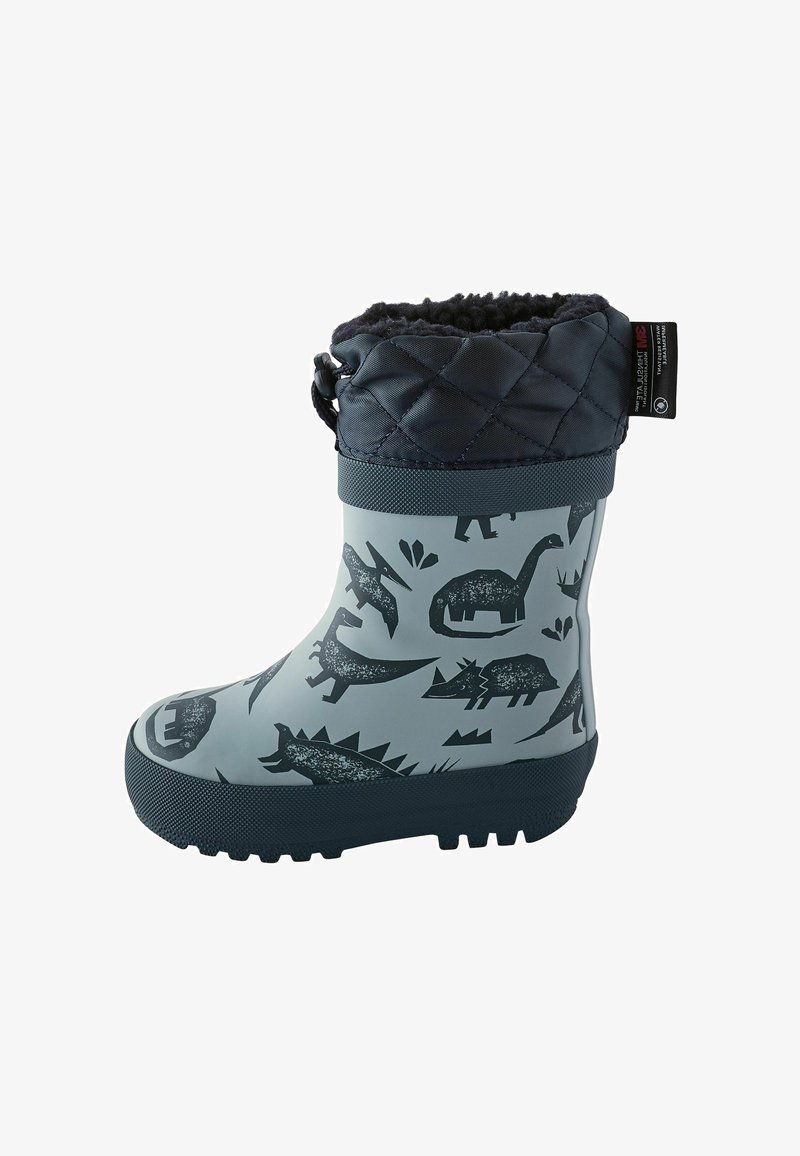 Vesimudilätkä vaaleanharmaana, jossa on mustia dinosauruskuvioita. Tikattu tummansininen kangasreuna, jossa säädettävä nyöri. Teksturoitu pohja pitävyyttä varten.