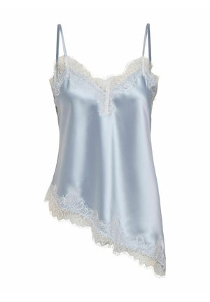 Light blue satin camisole with white lace trim, featuring thin straps and an asymmetrical hem.