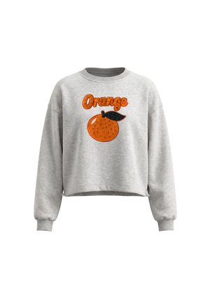 Lysegrå sweatshirt med lange ærmer, med en grafik af en appelsin og ordet "Orange" i lys orange bogstaver på forsiden.