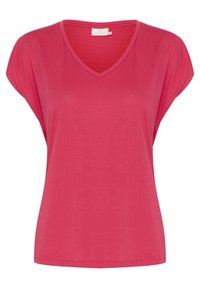 T-shirt rosa a scollatura a V con maniche corte a dolman, realizzato in tessuto morbido. Caratterizzato da una vestibilità ampia e una texture liscia e uniforme. Nessun motivo o dettaglio decorativo.