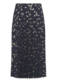 Jupe plissée marine avec un motif de feuilles dorées. Présente une taille ajustée et un design fluide, confectionnée dans un tissu doux et texturé.