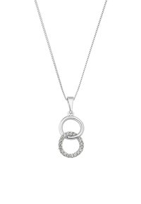 Collana d'argento con due anelli intrecciati; uno lucidato, l'altro incastonato con cristalli trasparenti, caratterizzata da una fine catena.
