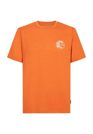 Orange T-shirt made of cotton, featuring a round neckline, short sleeves, and a circular white logo on the left chest. Smooth texture.
