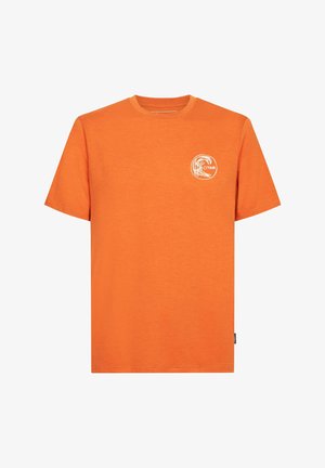 Orange T-shirt made of cotton, featuring a round neckline, short sleeves, and a circular white logo on the left chest. Smooth texture.
