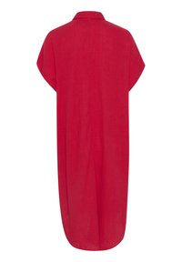 Abito rosso a maniche corte, con bottoni e una vestibilità ampia, realizzato in tessuto leggero, con colletto classico e orlo arrotondato.