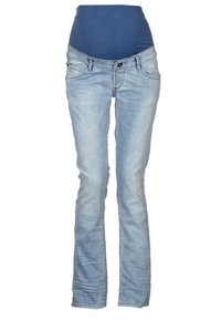 Vaqueros de maternidad en denim azul claro con un panel en la cintura ajustado para mayor comodidad. Presenta un diseño tradicional de cinco bolsillos y un ligero desgaste.