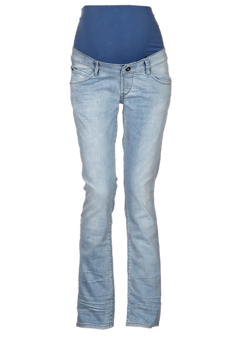 Vaqueros de maternidad en denim azul claro con un panel en la cintura ajustado para mayor comodidad. Presenta un diseño tradicional de cinco bolsillos y un ligero desgaste.