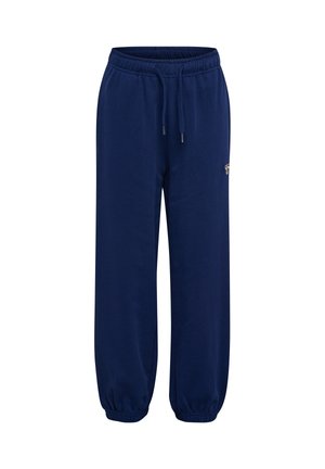 Granatowe spodnie dresowe z elastycznym pasem, regulowanym sznurkiem, bocznymi kieszeniami i elastycznymi ściągaczami przy kostkach.