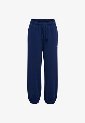Marineblå joggingbukser med elastik i taljen, justerbar snor, sidelommer og elastiske manchetter ved anklerne.