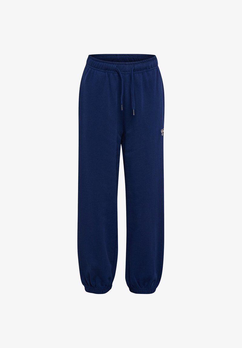 Granatowe spodnie dresowe z elastycznym pasem, regulowanym sznurkiem, bocznymi kieszeniami i elastycznymi ściągaczami przy kostkach.